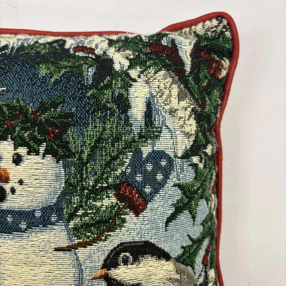 Vintage Snowman Chickadee Woven Tapestry Christmas Decorative Throw Pillow 12.5